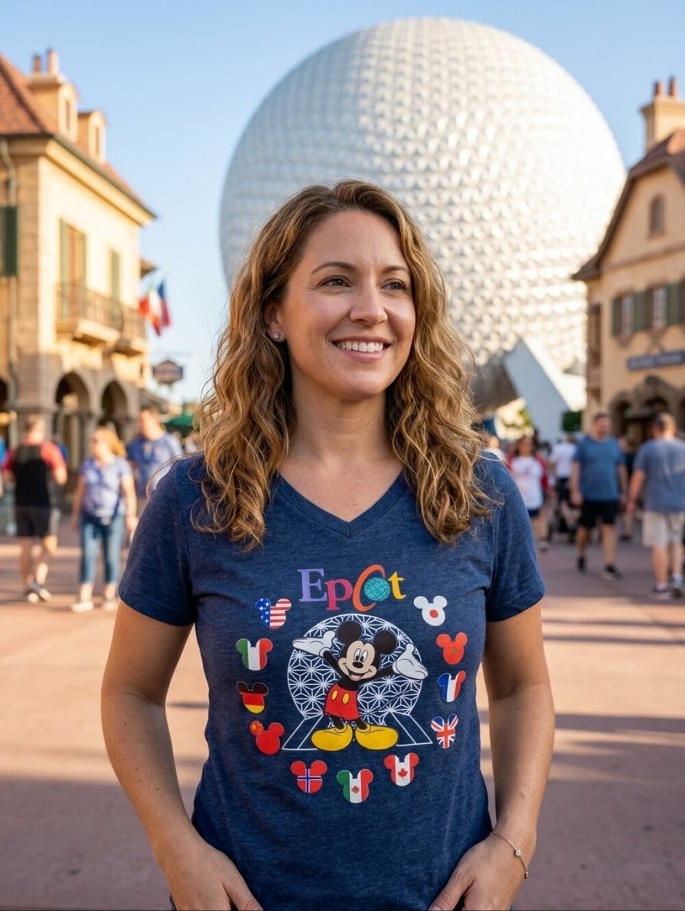 Disney EPCOT Mickey Mouse V-Neck Short Sleeve Graphic Tee M. International Flags